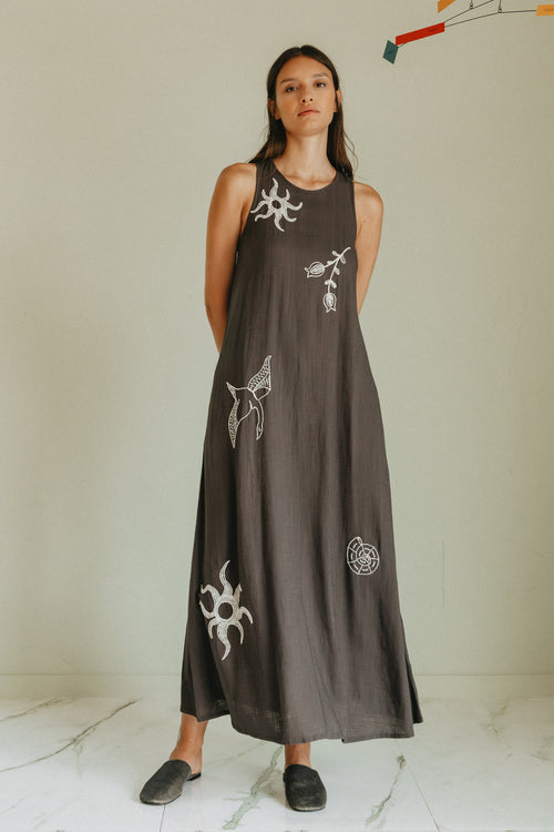 Natural Embroidered Dress Coal
