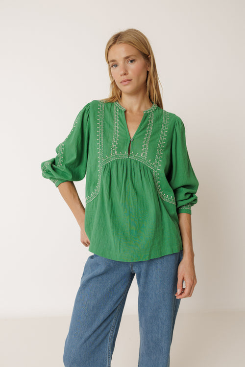 Ethnic Embroidery Blouse Green