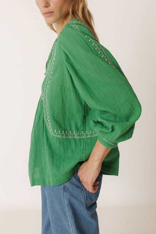 Ethnic Embroidery Blouse Green