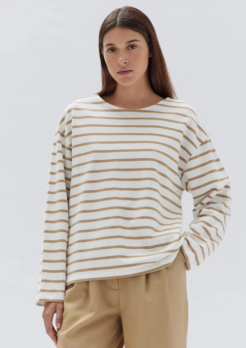 Bateau Long Sleeve Tee Tan/White Stripe