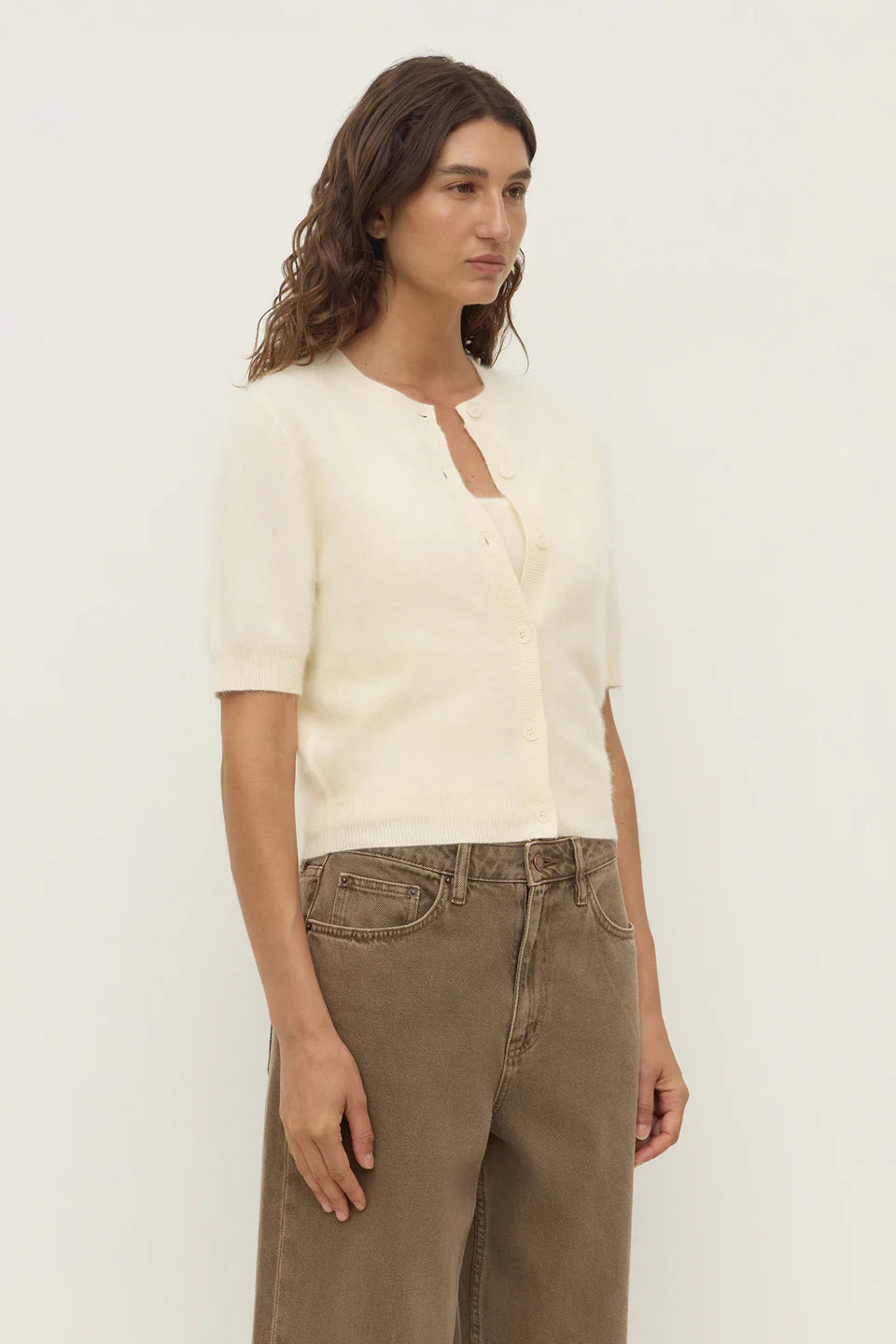 Carina Wool Short Sleeve Cardigan Cream