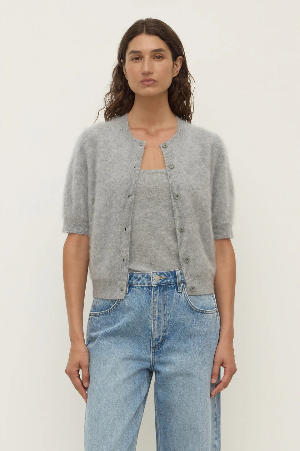 Carina Wool Short Sleeve Cardigan Grey