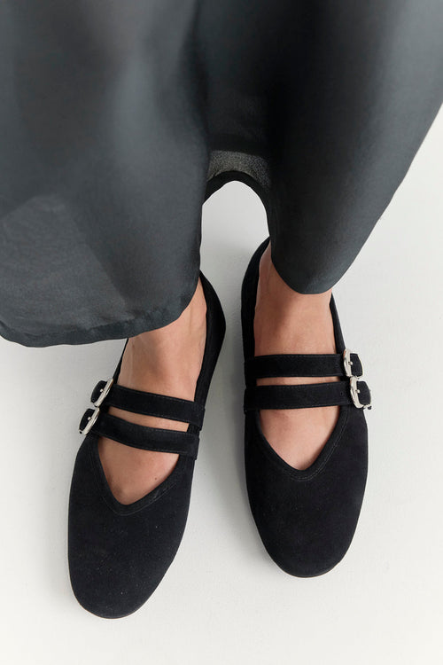 Double Buckle Ballet Black Suede