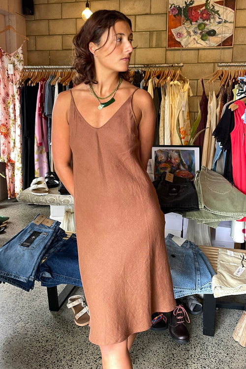 Bias Midi Linen Dress Cacao