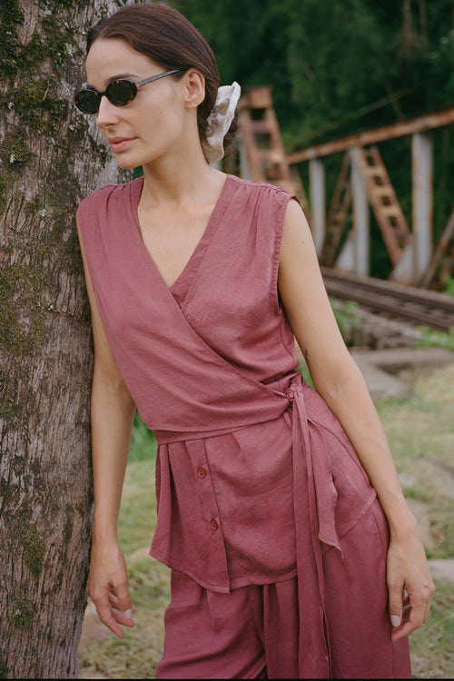 Satin Shirt with Tie Neck Pomegranate