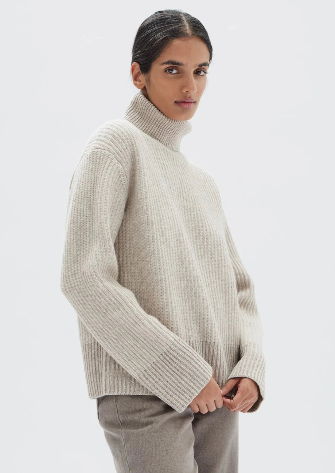Assembly Label Krista Roll Neck Wool Rib Knit Jumper Oat Marle Shop ATAMIRA Online NZ Atamira