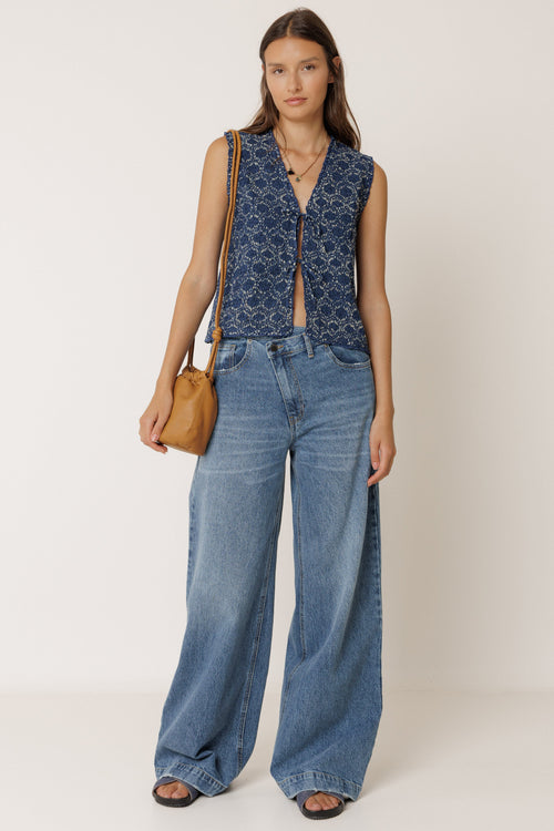 Indigo Shirred Tie Vest