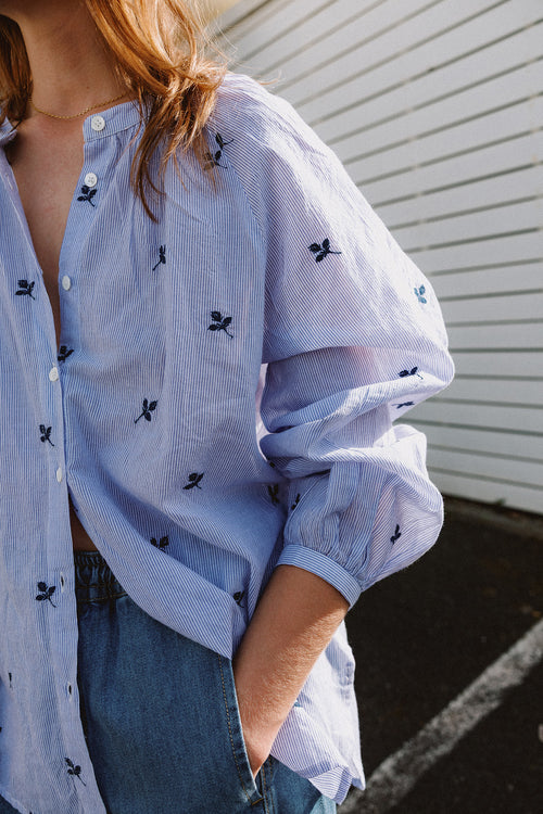 Pinstriped Cotton Embroidered Shirt Ocean