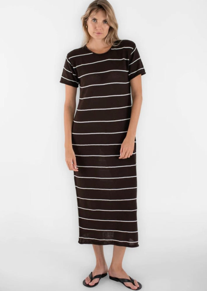 Short Sleeve Jane Dress Brown Stripe