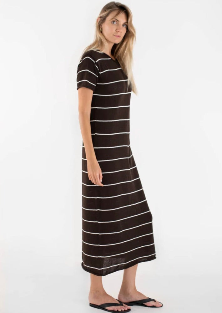 Short Sleeve Jane Dress Brown Stripe