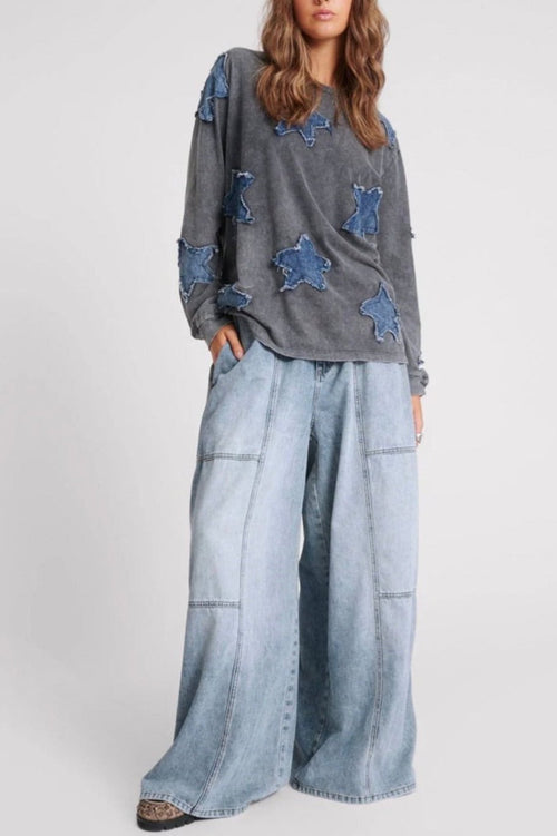 Denim Palazzo Pants Blue Blossom