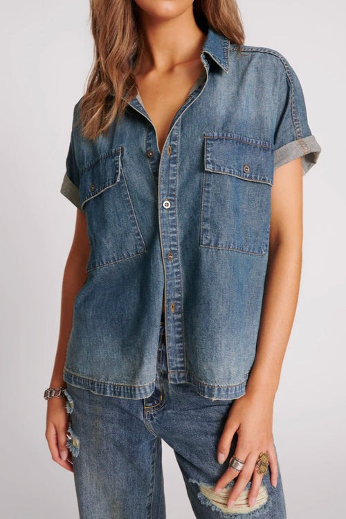 One Teaspoon Cut Off Denim Shirt Used Blue