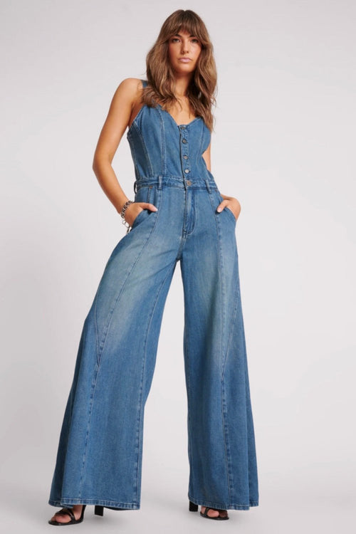 Gritty Blue Freida Fit N Flare Denim Jumpsuit Gritty Blue