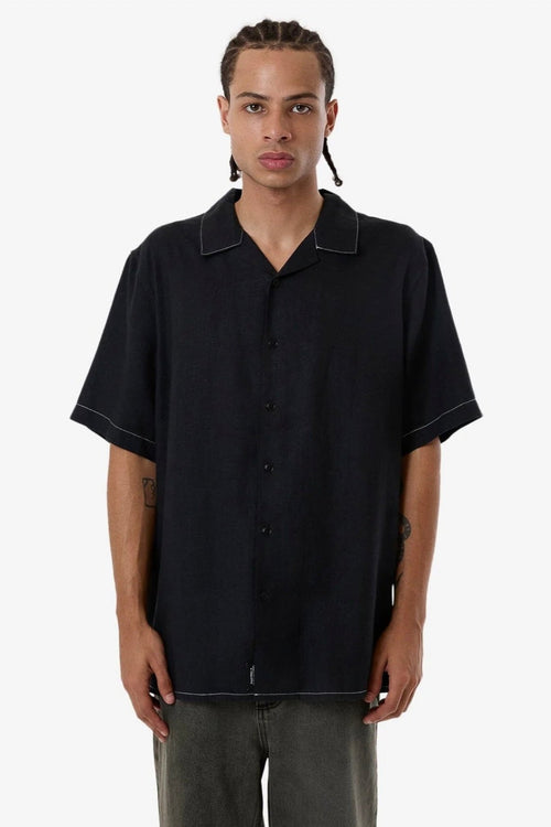 Thrills Hemp Minimal Contrast Stitch Bowling Shirt Black