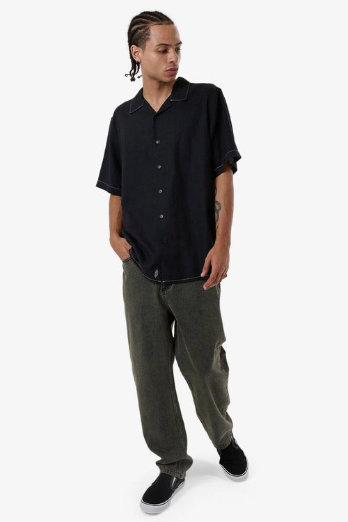 Thrills Hemp Minimal Contrast Stitch Bowling Shirt Black