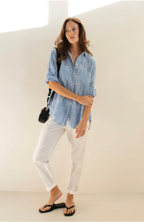 Boyfriend Linen Shirt Electric Blue Stripe