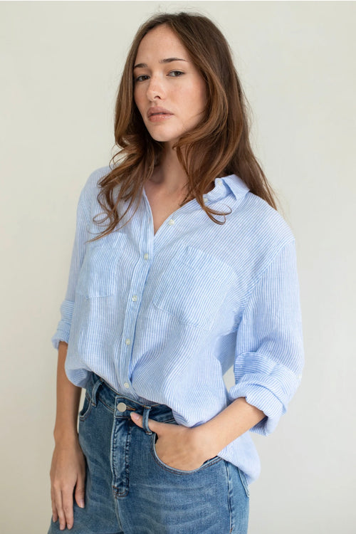 Boyfriend Linen Shirt Baby Blue Stripe
