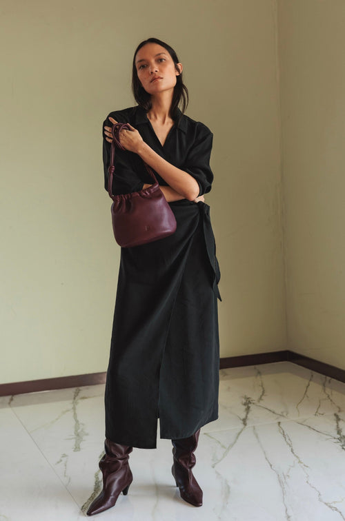 Gathered Leather Tote Bag Eggplant