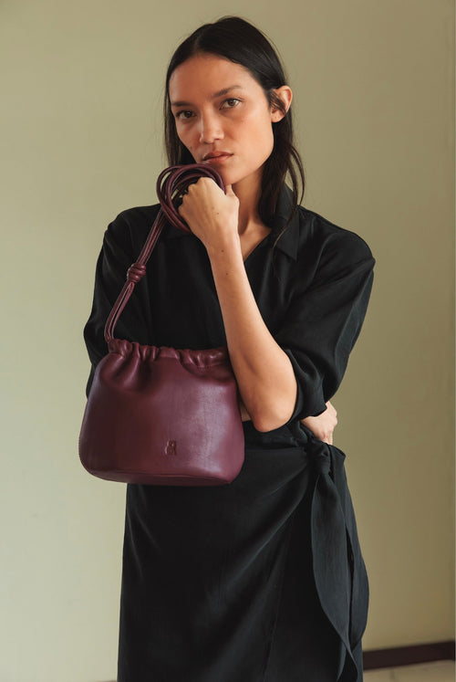 Gathered Leather Tote Bag Eggplant