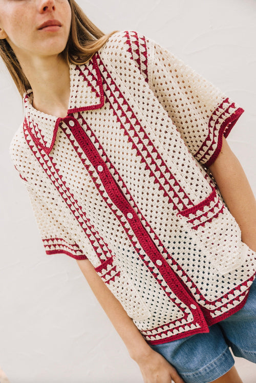 Bicolour Crochet Shirt Red