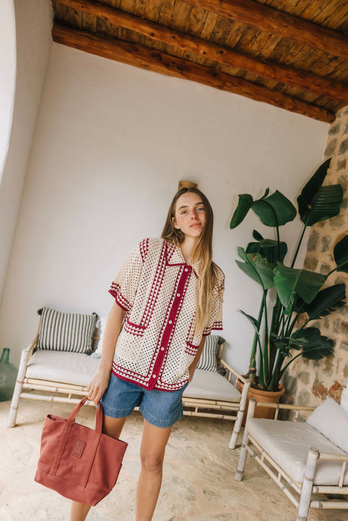 Bicolour Crochet Shirt Red
