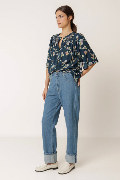 Watercolour Smock Detail Shirt Marine