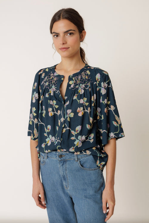 Watercolour Smock Detail Shirt Marine