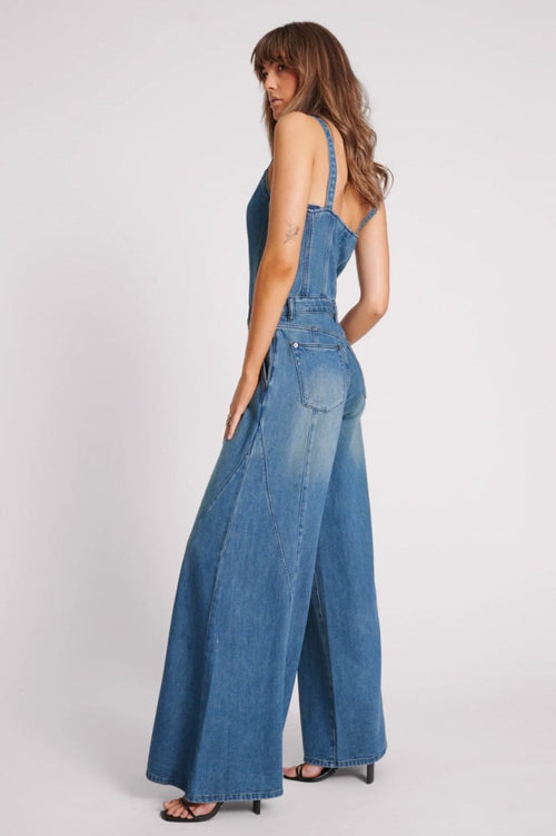 Gritty Blue Freida Fit N Flare Denim Jumpsuit Gritty Blue