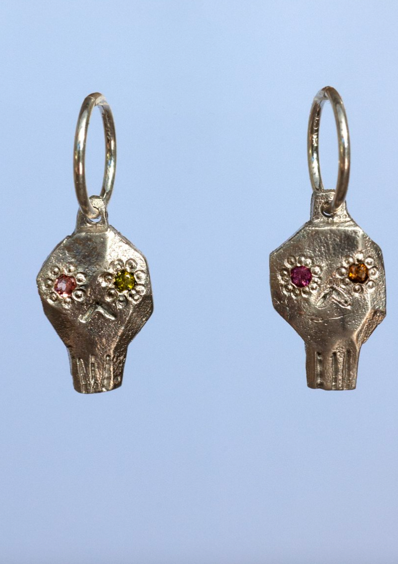 Skull Earrings Silver Tourmaline